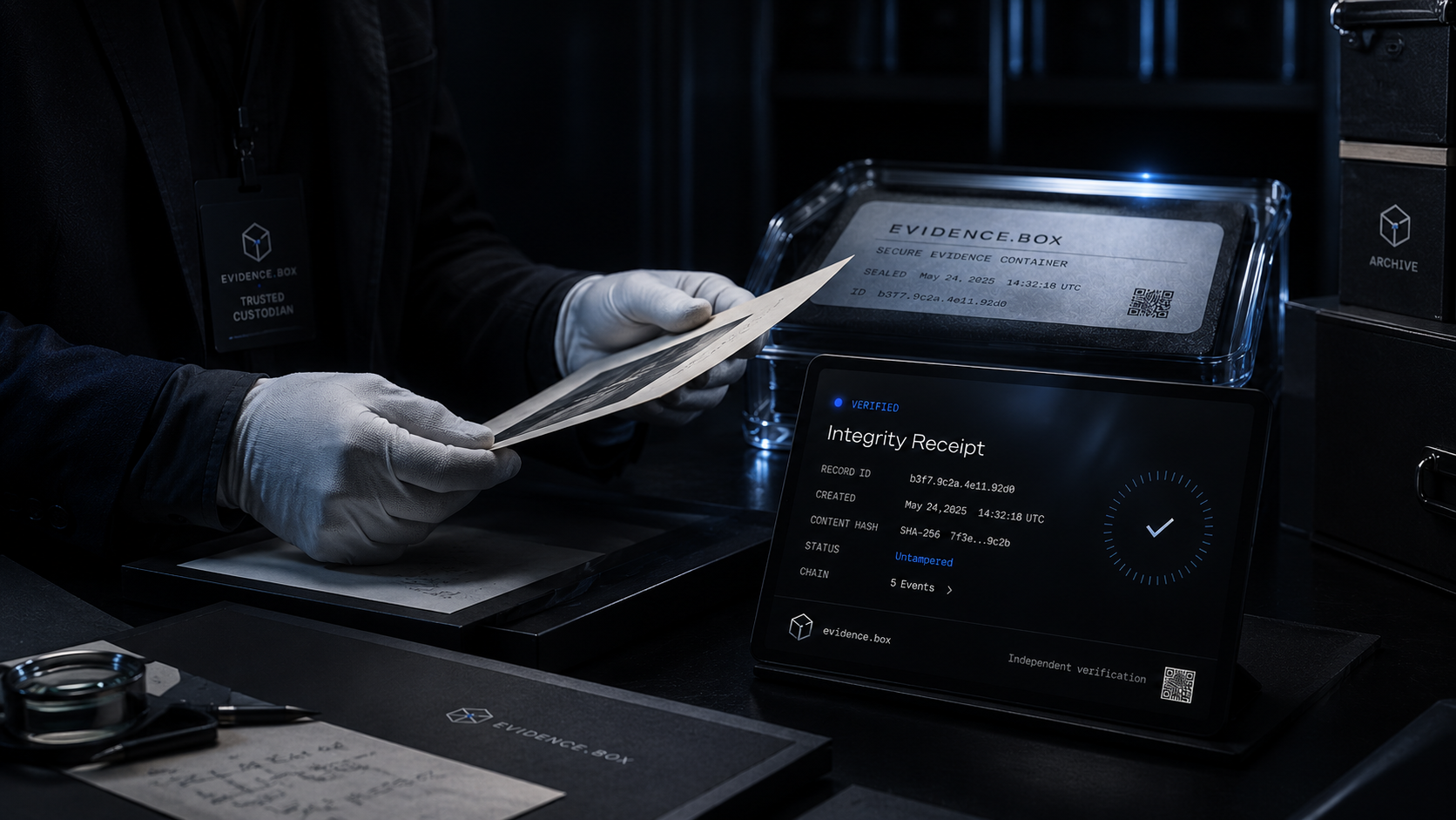 A gloved custodian handling a document beside a sealed EVIDENCE.BOX container and a tablet displaying an Integrity Receipt.
